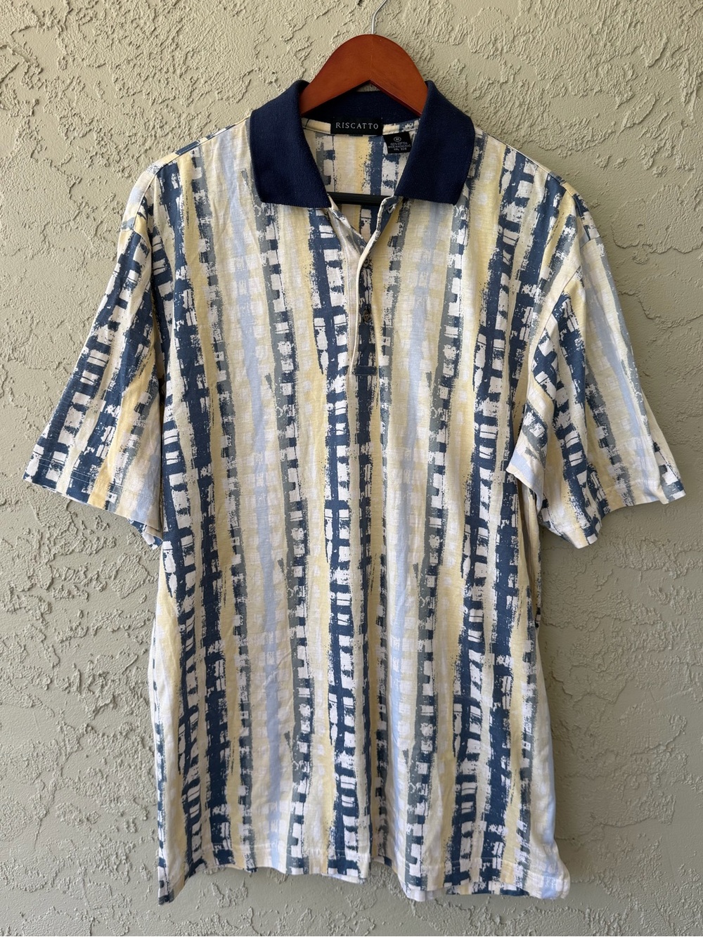Riscatto Abstract Stripe Polo Shirt Navy Yellow Medium